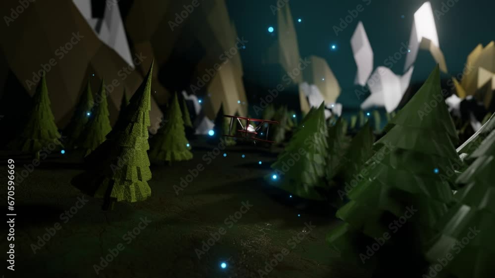 Poster a stylized model of a toy biplane flies over a low poly forest. 3d render. looping abstract animatio