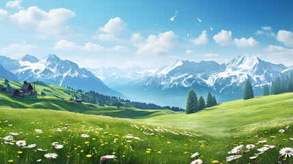Beautiful Floral Mountains: Nature's Wallpaper,Springtime Magic: A Scenic Alpine Landscape,landscape with mountains and blue sky,AI Generative  - obrazy, fototapety, plakaty