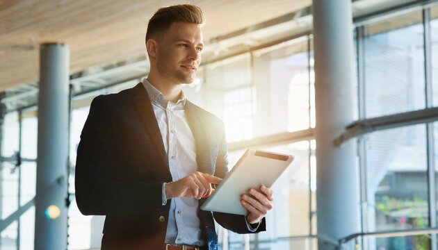 Portrait of a businessman, tablet in hand, office background