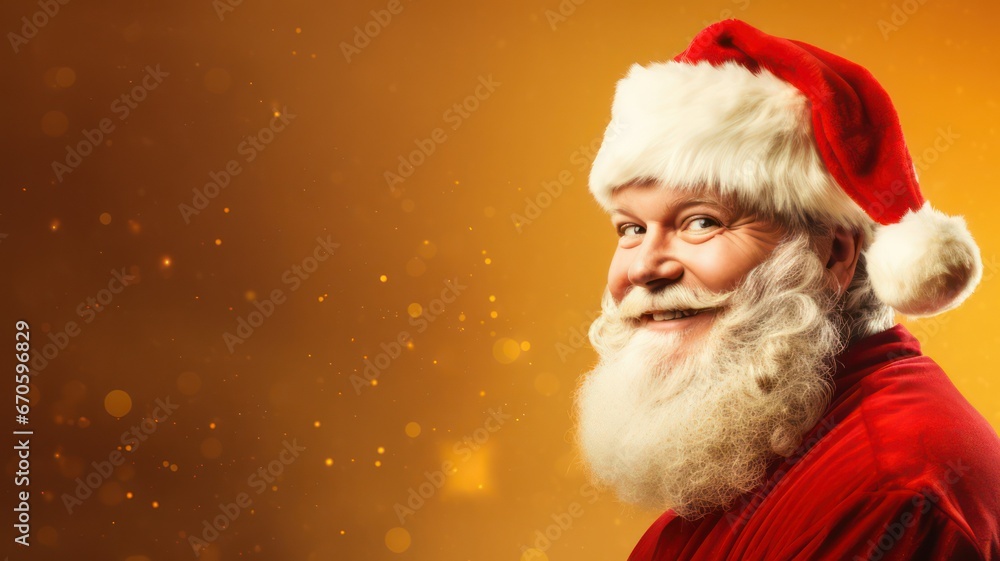 Aufkleber smiling santa claus on a golden christmas background copy space on the right created with generative