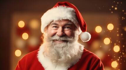 Smiling santa claus on a golden christmas background copy space on the right created with Generative AI