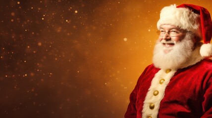 Smiling santa claus on a golden christmas background copy space on the right created with Generative AI