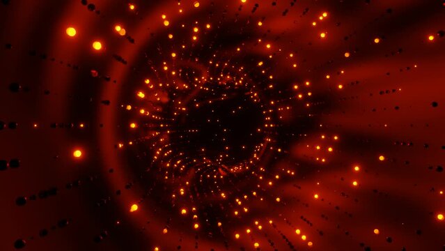 moving through many different particles flashing red-orange. 3D render. looping abstract animation