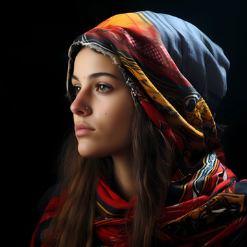 Portrait of a beautiful oriental girl in profile on a black background. Girl in national bright clothes