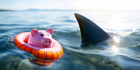 Pink piggy bank in a buoy trying to protect his savings from a shark attack - Concept of investment failure, financial risk, debt problem, bankruptcy, economy crisis - obrazy, fototapety, plakaty
