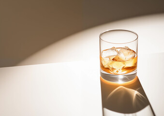 Scotch whiskey cocktail drink served in glass with ice cubes, side view on white surface with light and shadow