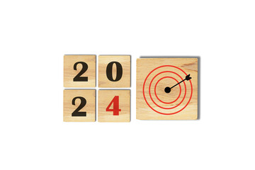 Happy new year in 2024 with dart board arrow on white background for setup business objective target and goal concept.