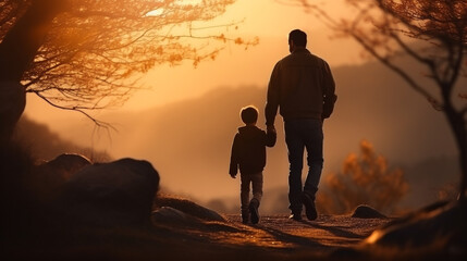 Silhouette photo of father holding his son hand walking together in nature with sunset and mountain scene landscape. Parent and children bonding relation nature learning concept. Generative AI	
