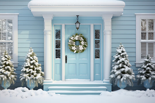 a bright blue house in the snow with a wreath on the door