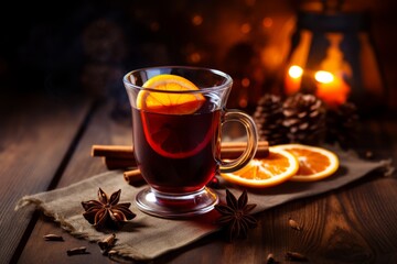 A Warm Winter Evening Scene with a Glass of Mulled Wine, Cinnamon Sticks, and Orange Slices on a Rustic Wooden Table