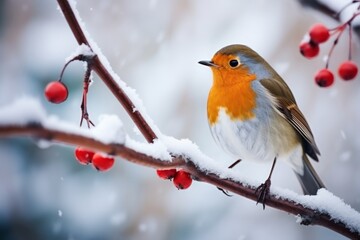 A vibrant red-breasted robin perched on a frosty, snow-covered branch, surrounded by the serene...