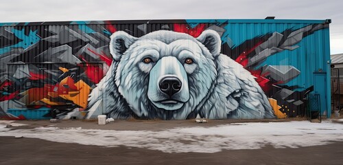 polar bear with colorful graffiti on the wall. Street art concept. - obrazy, fototapety, plakaty
