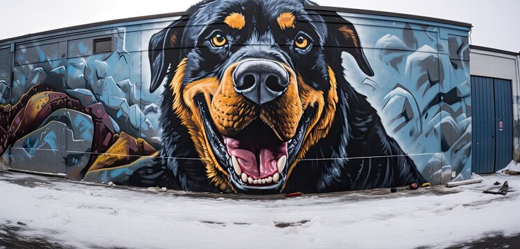 Rottweiler dog with colorful graffiti on the wall. Street art concept.