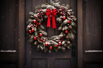 A beautifully crafted Christmas wreath adorned with red berries and pine cones, hanging on a rustic wooden door during a snowy winter evening