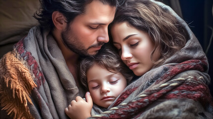 A young family is wrapped in a warm blanket. A man and a woman hug each other. Young family in a blanket. Father, mother and daughter in warm clothes. 