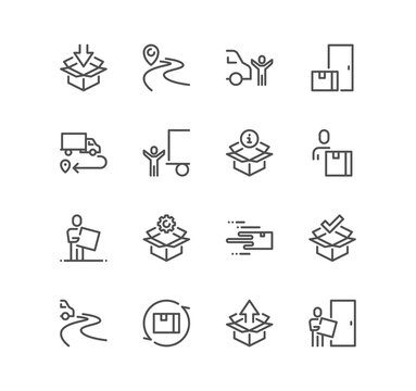 Set of truck delivery related icons, supply, door to door delivery, contactless delivery, express shipping and linear variety symbols.	
