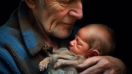 Close-up of an elderly person holding a 1 week old baby