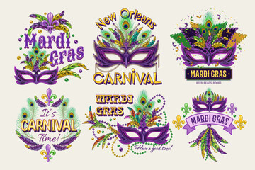 Set of 6 colorful labels with text for carnival Mardi Gras decoration in vintage style on white background. For prints, clothing, t shirt, holiday goods, stuff, surface design.