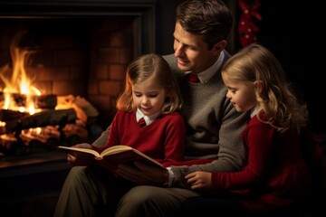 A Heartwarming Scene of a Loving Father Engrossed in Reading Christmas Stories to His Excited Children, Illuminated by the Warm Glow of the Fireplace