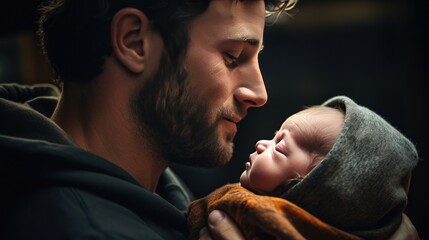 A close-up photo of a father holding his 1-week-old baby