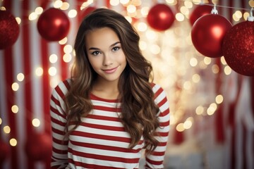 A Delightful Christmas Portrait of a Brunette Teenage Girl Holding Candy Canes, Surrounded by a Festive Red and White Striped Setup