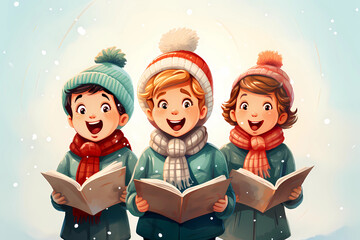 Children singing Christmas carols on a snowy day. Christmas carolers in winter clothes. - obrazy, fototapety, plakaty