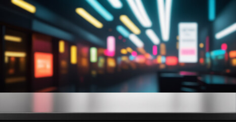 Empty metal surface in a vibrant corridor; ideal for tech product displays.