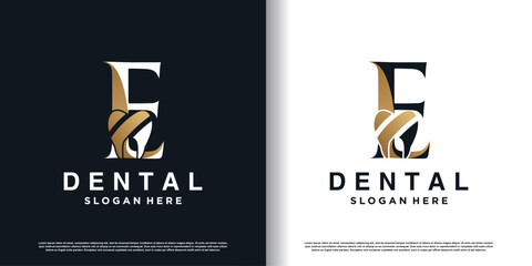 dental logo design vector with letter e concept premium vector