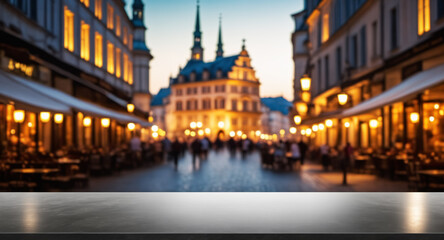 Fototapeta na wymiar tabletop in focus with a soft bokeh of city's historic center; suitable for high-end product showcases.