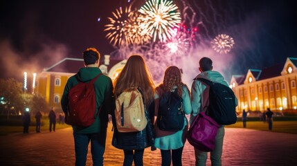 A group of students happily celebrates the New Year. In the background is a college building with colorful fireworks.