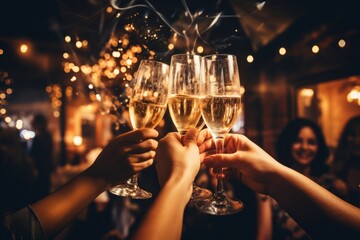 A Group of Friends Celebrating New Year's Eve, Clinking Champagne Glasses Under a String of Glowing Lanterns in a Cozy Outdoor Setting