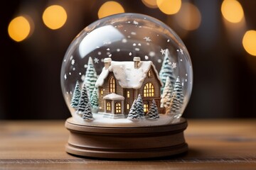 Fototapeta na wymiar A Detailed Close-Up View of a Snow Globe's Interior, Showcasing a Miniature Winter Wonderland Scene with Snow-Covered Trees and a Tiny House on New Year's Eve