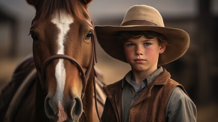 Fototapeta premium A young cowboy wearing a hat and a horse stands looking at the camera