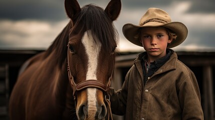 Fototapeta premium A young cowboy wearing a hat and a horse stands looking at the camera
