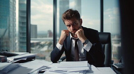 A businessman wearing a ring is dissatisfied with all the documents on the table in the office and there are too many problems in the background of a tall building.