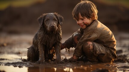 Child playing with dog in the mud - obrazy, fototapety, plakaty