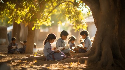 Children sit and read outside under a big tree with the sun shining on them.
