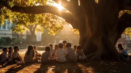 Children sit and read outside under a big tree with the sun shining on them.