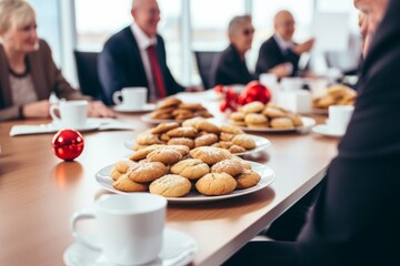 A Warm and Festive Business Meeting with Colleagues Enjoying Christmas Cookies and Discussing Year-End Strategies