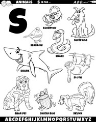 cartoon animal characters for letter S set coloring page