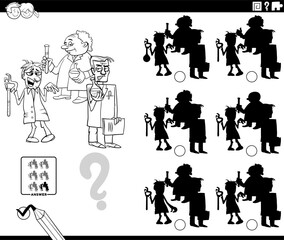 shadows game with cartoon scientists or inventors coloring page