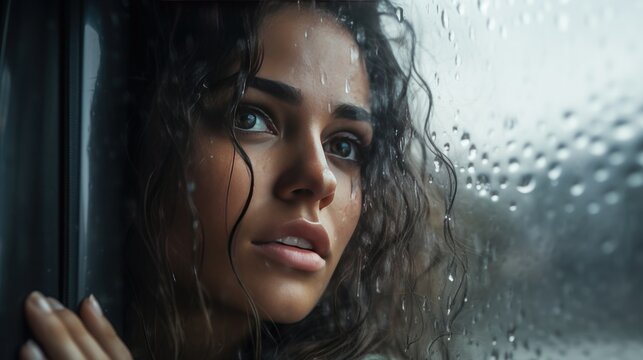 Beautiful young woman in the car looking out the window wet with raindrops