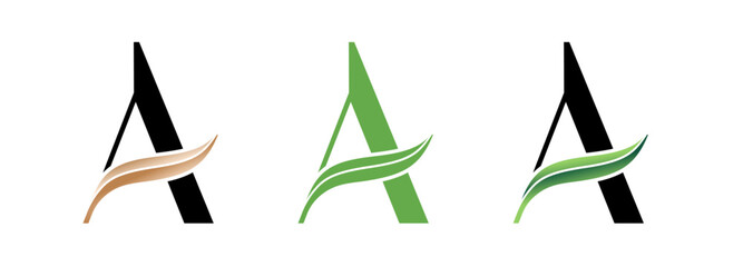 Set of sign letter A with leaf for emblem, label, sign, logo, logotype, brand style. Concept with A letter, leaf sign for poster, banner for eco, floral, nature theme. Vector Illustration