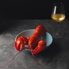 Cooked red lobster in blue dish with glass of white wine on the dark rustic table. Delicatessen, rare seafood. Dark key mood, minimalism, magical light in the style of the Chef's table. Front view - 670601258