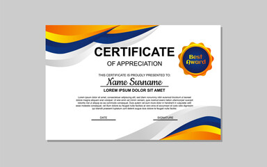 certificate template in blue and orange abstract style for appreciation of business, education. certificate design for appreciation.