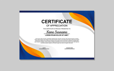 certificate template in blue and orange abstract style for appreciation of business, education. certificate design for appreciation.