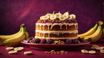 Bake banana cake on red violet background, cake with candle, cake with almonds, cake with almonds...