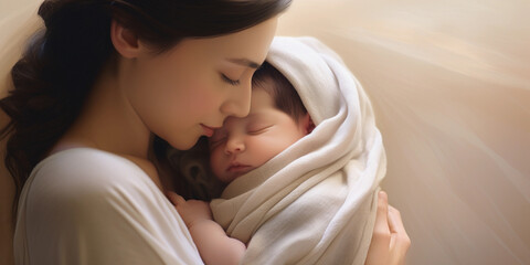 A mother is lovingly holding her newborn baby in her arms.