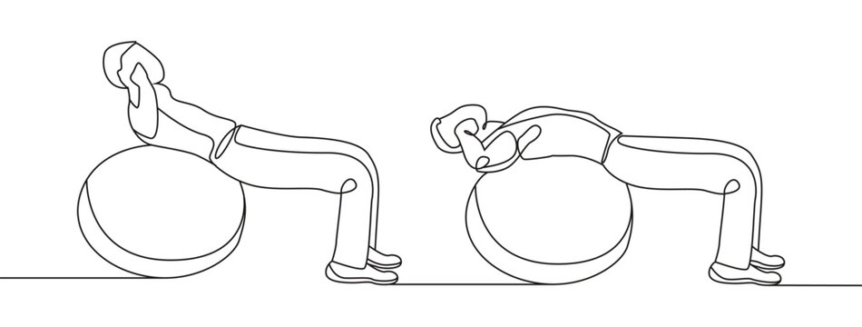 Swiss Ball Crunch exercise Line Drawing isolated on copy space white background, Stability Ball Crunches exercise editable vector illustration, Continuous one line drawing, Ab crunch exercise line art