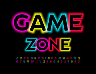 Vector advertising banner Game Zone. Bright Glowing Font. Neon Colorful Alphabet Letters and Numbers